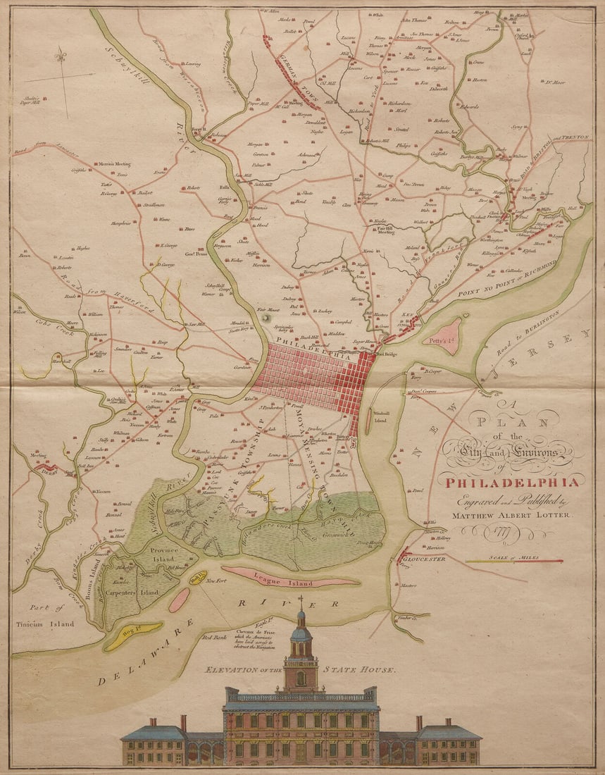 [Philadelphia] Lotter, Matthew Albert. A Plan of the City and Environs of Philadelphia...: [Philadelphia] Lotter, Matthew Albert. A Plan of the City and Environs of Philadelphia... (Augsburg: Matthew Albert Lotter, 1777). Engraved hand-colored map, by Lotter after Nicholas Scull and George
