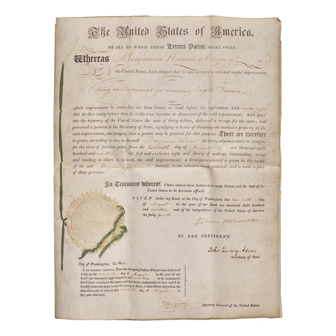 [Presidential] Monroe, James, and John Quincy Adams. Patent Document, signed: [Presidential] Monroe, James, and John Quincy Adams. Patent Document, signed Washington, D.C. August 20, 1819. Three vellum sheets, stab sewn with green silk ties, 14 3/4 x 11 in. (375 x 279 mm).