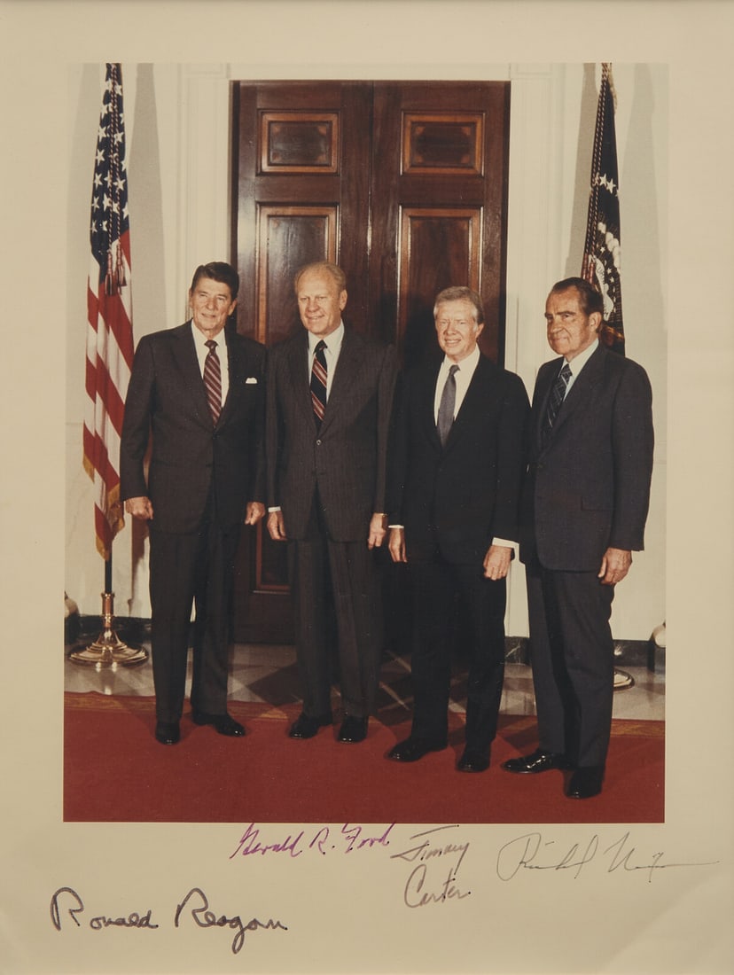 [Presidential] Reagan, Ronald, and Gerald Ford, and, Jimmy Carter, and Richard Nixon. Signed: [Presidential] Reagan, Ronald, and Gerald Ford, and, Jimmy Carter, and Richard Nixon. Signed Photograph Washington, D.C., ca. 1981-86. Color photograph, signed in various colored inks (from left to