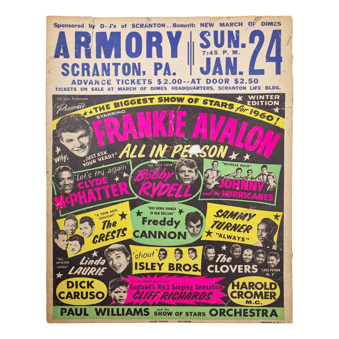 [Rock' N' Roll] [Avalon, Frankie, and Bobby Rydell, and the Isley Brothers, et al.] The Biggest Show: [Rock' N' Roll] [Avalon, Frankie, and Bobby Rydell, and the Isley Brothers, et al.] The Biggest Show of Stars for 1960! Armory, Scranton, Pennsylvania, Sunday, January 24, 1960. Concert poster,