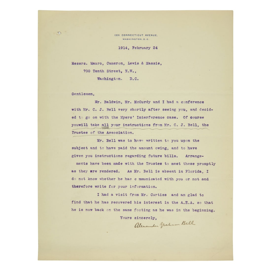 [Science & Medicine] Bell, Alexander Graham. Typed Letter, signed: [Science & Medicine] Bell, Alexander Graham. Typed Letter, signed Washington, D.C. February 24, 1914. One sheet, 10 1/4 x 8 1/2 in. (mm). Typed letter, signed by Alexander Graham Bell to Messrs.