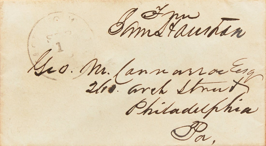 [Texiana] Houston, Sam. Free-Franked Mailing Envelope: [Texiana] Houston, Sam. Free-Franked Mailing Envelope Washington, D.C., no date (ca. 1853-59). Mailing envelope free-franked by Sam Houston, presumably as a Senator from Texas, and addressed by him