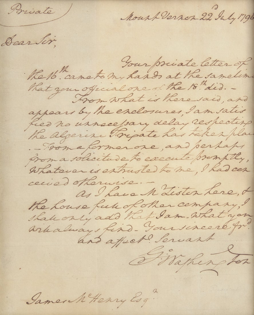 [Washington, George] Washington, George. Autograph Letter, signed: [Washington, George] Washington, George. Autograph Letter, signed President Washington Expresses Satisfaction on the Progress of the Construction of the Frigate Crescent, a Gift to the Algerian Dey Mo