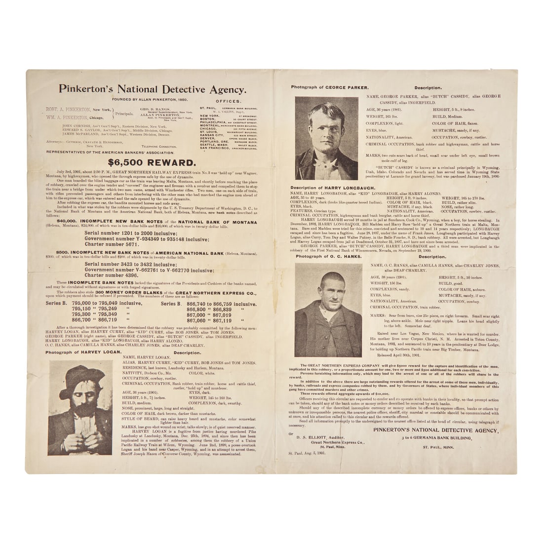 [Wild West] Rare Wanted Poster for Butch Cassidy and the Sundance Kid: [Wild West] Cassidy, Butch, and the Sundance Kid. Pinkerton's National Detective Agency Wanted Poster for the Wild Bunch Rare Wanted Poster for Butch Cassidy and the Sundance Kid "July 3rd, 1901, abou