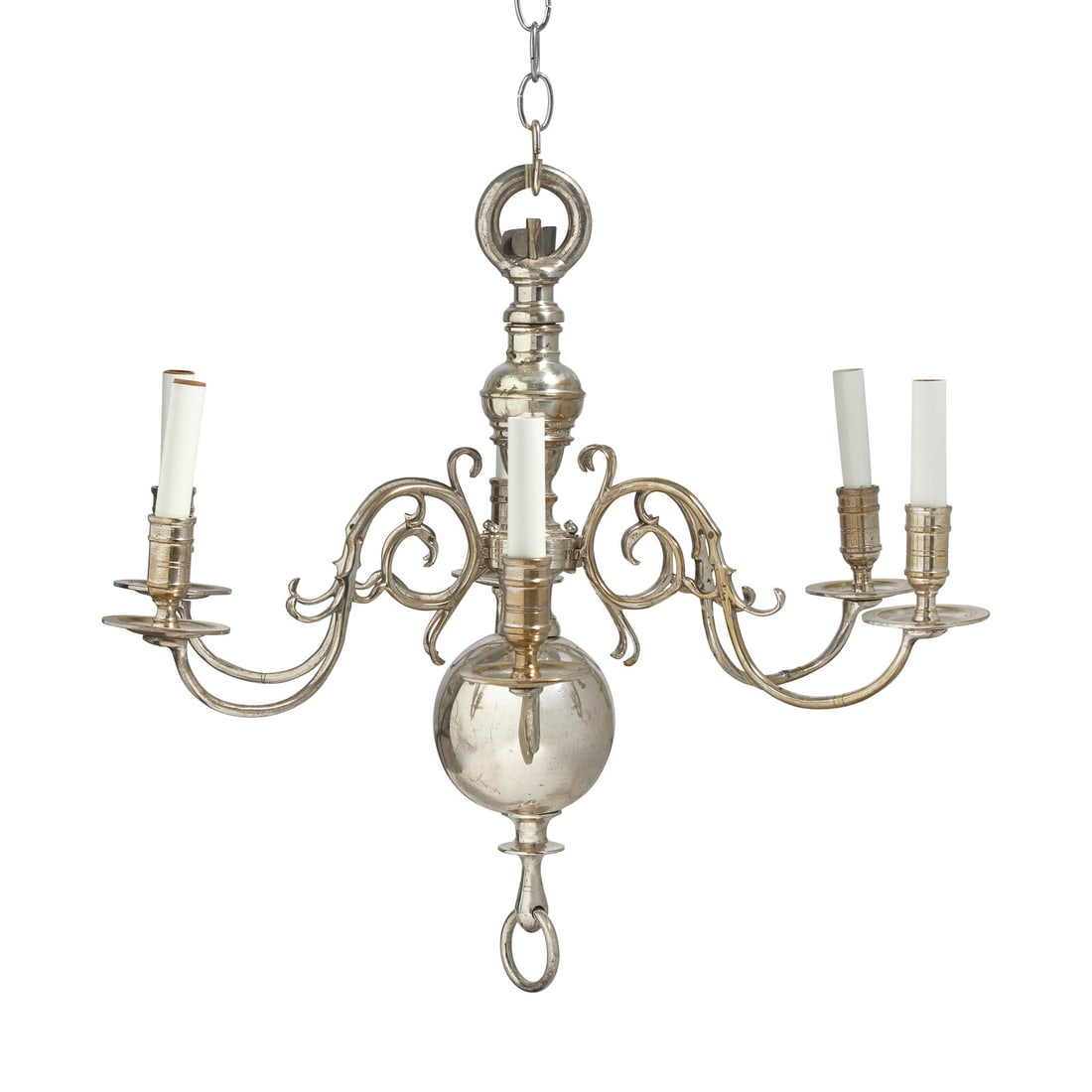 A Dutch Silver-Plated Six-Light Chandelier: A Dutch Silver-Plated Six-Light Chandelier Possibly 19th Century presently electrified. Height 21 1/2 x diameter 23 1/2 inches (overall, not including chain). This lot is located in Philadelphia. Prov