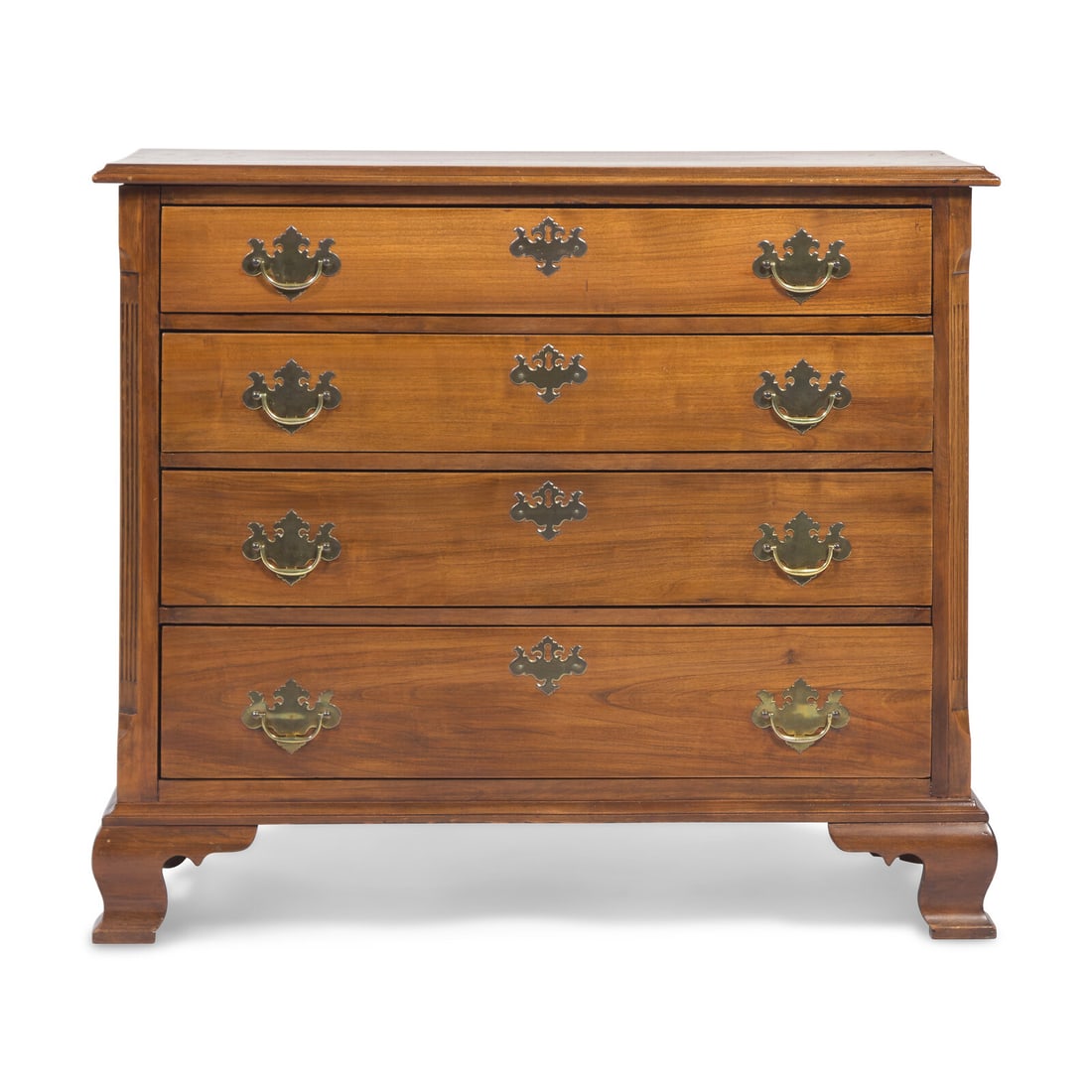 A Chippendale Cherry Chest of Drawers: A Chippendale Cherry Chest of Drawers Rhode Island, Circa 1760-1780 with molded top, over four graduated long drawers, on molded base with ogee feet. Height 33 x width 38 x depth 18 1/4 inches. This l