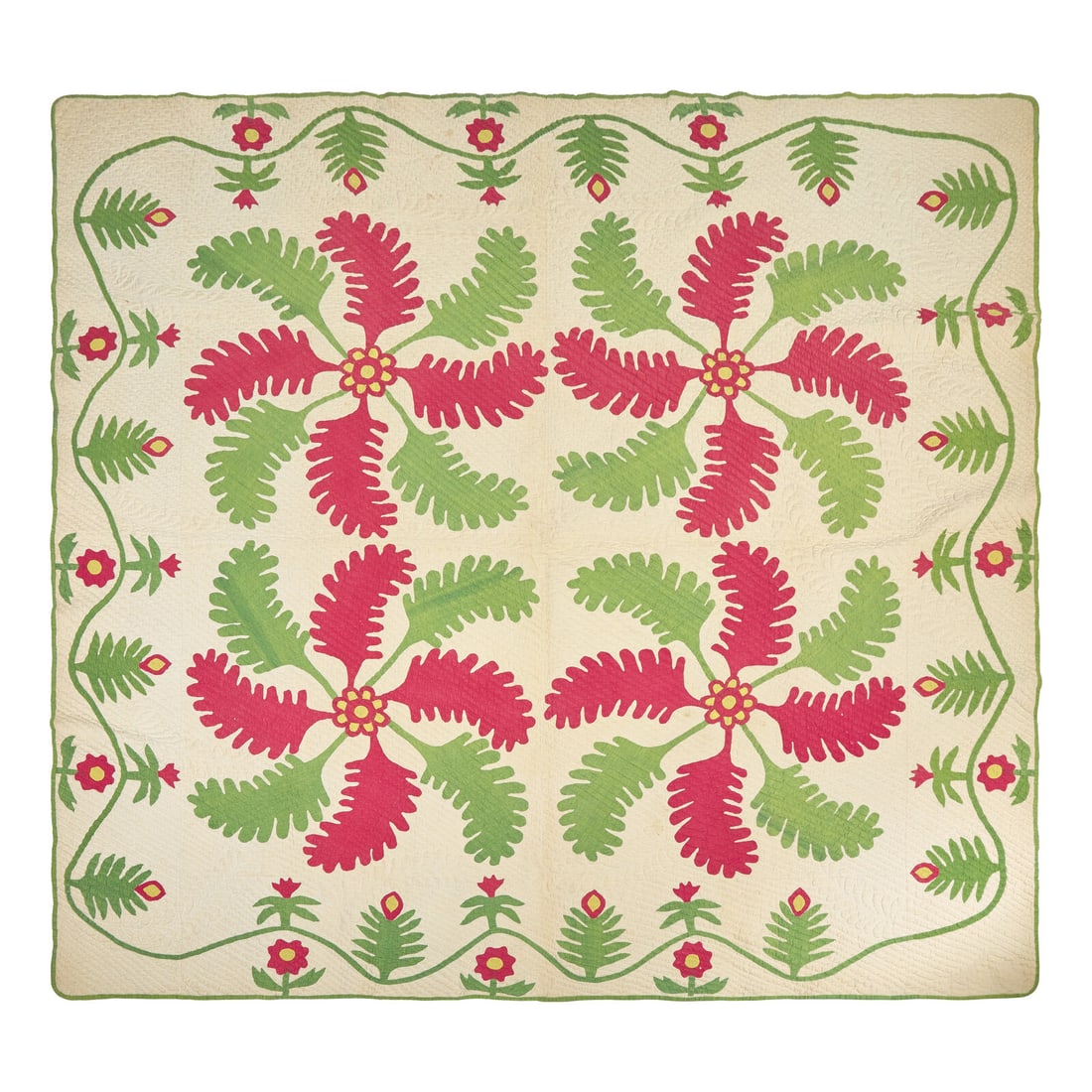 A "Princess Feather" Red and Green Pieced and Appliqued Cotton Quilt: A "Princess Feather" Red and Green Pieced and Appliqued Cotton Quilt 19th Century 84 x 81 inches. This lot is located in Philadelphia. Provenance: David Stockwell, Inc., Wilmington, Delaware.