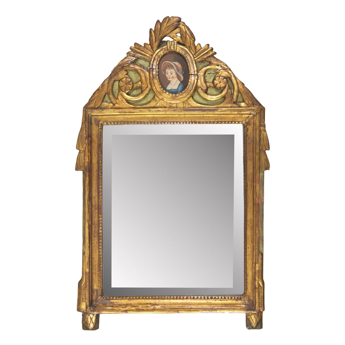 A Neoclassical Green-Painted and Parcel-Gilt Mirror Inset with Portrait of a Lady (1 of 5)
