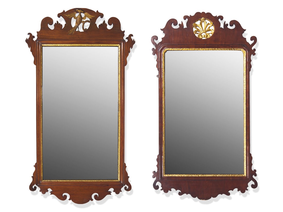 Two Similar Chippendale Parcel-Gilt and Mahogany Looking Glasses: Two Similar Chippendale Parcel-Gilt and Mahogany Looking Glasses Late 18th Century one with phoenix to crest, the other with carved and pierced shell. 42 x 23 1/4 inches (mirror with shell), 40 x 21 i