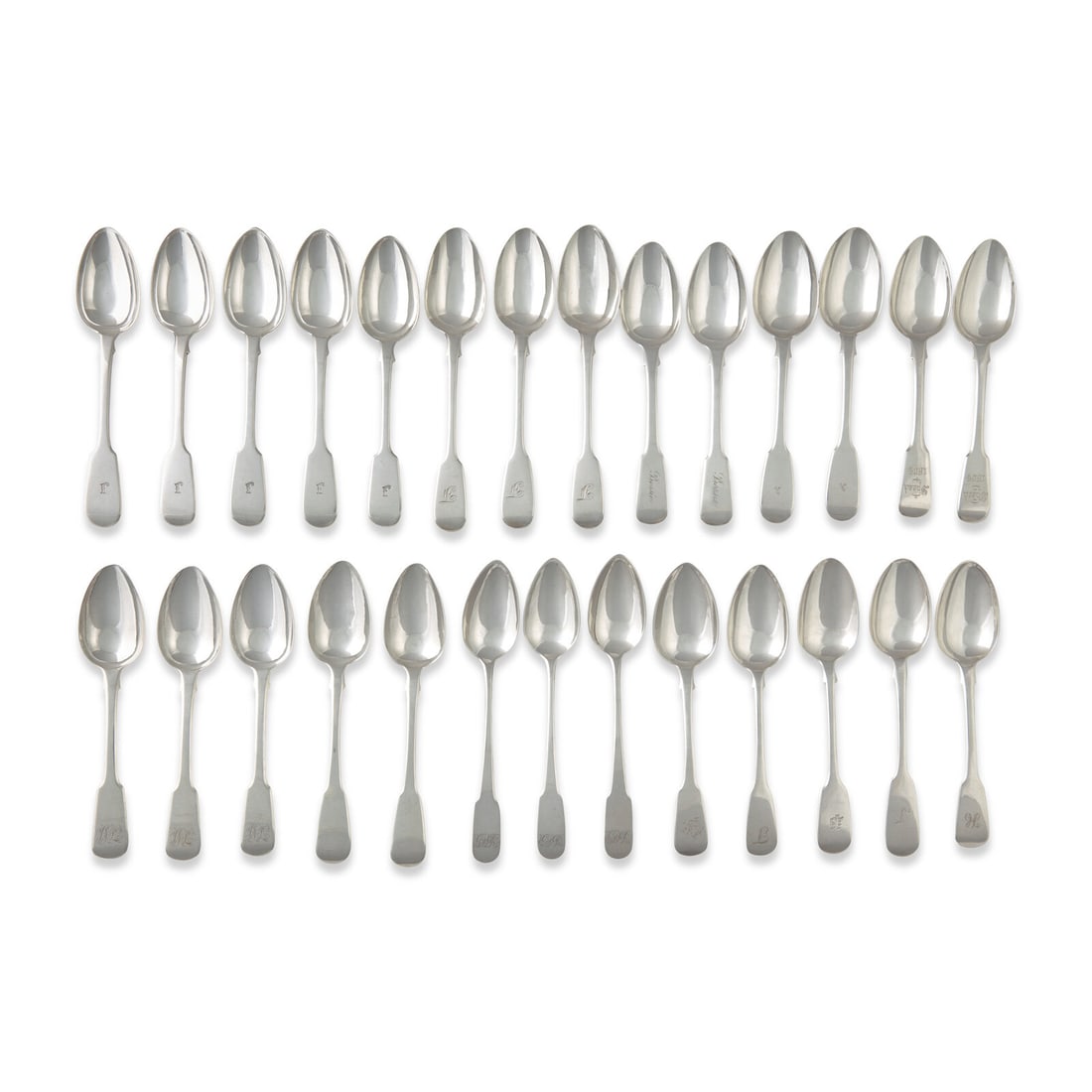 An Assembled Group of Twenty-Seven English Sterling Silver Fiddle-Back Spoons (1 of 4)