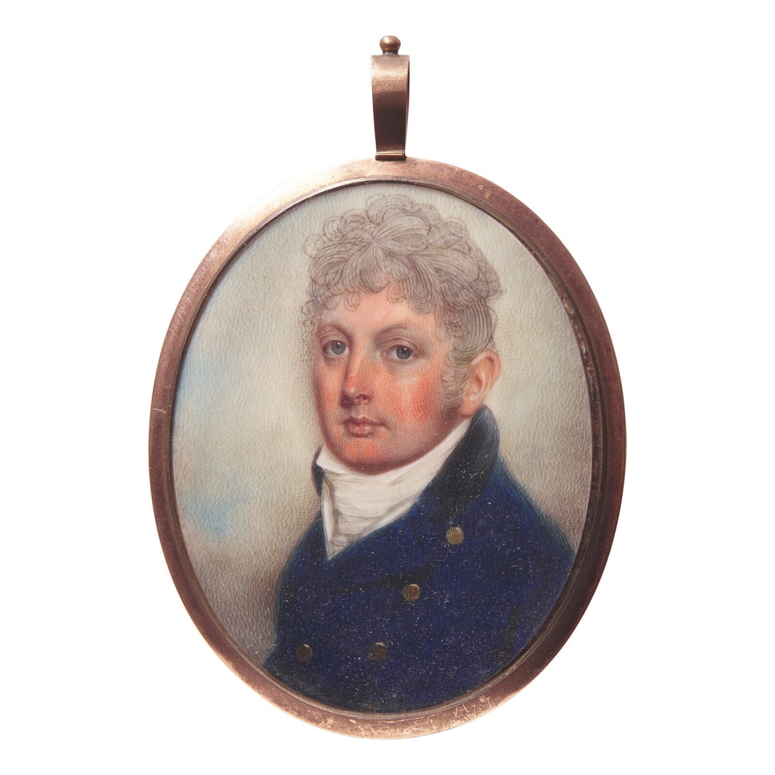 Attributed to John Barry (English, active 1784-1827), A Portrait Miniature of a Gentleman: Attributed to John Barry (English, active 1784-1827), A Portrait Miniature of a Gentleman verso with hairwork, gold filigree, and seed pearl spray against enamel back, watercolor, gilt pendant case. 2