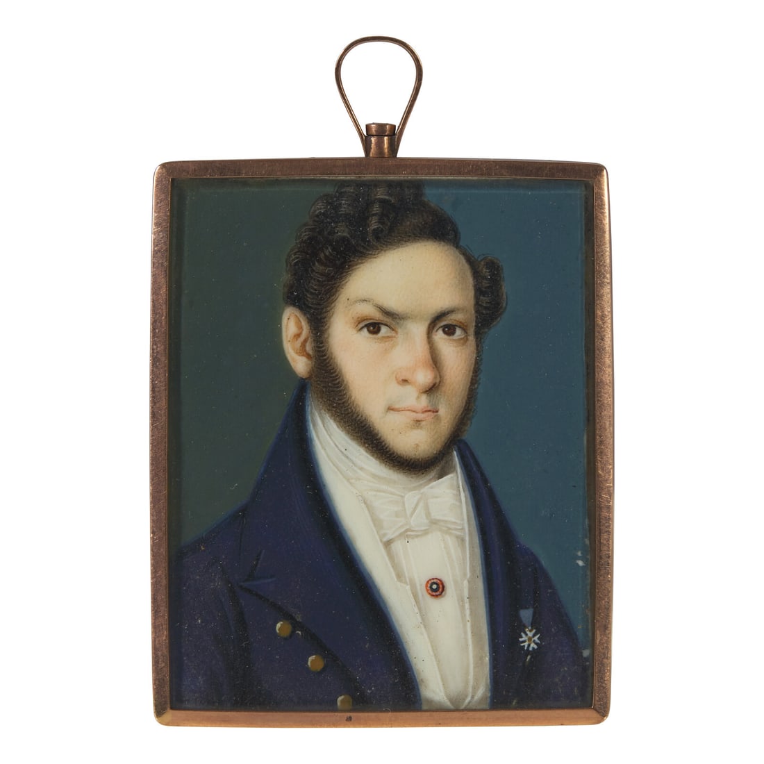 German School 19th Century, A Portrait Miniature of a Gentleman: German School 19th Century, A Portrait Miniature of a Gentleman verso containing hairwork roundel including monogram, "JHS", watercolor, gilt pendant case. 2 x 1 1/2 inches (sight), 2 3/4 x 1 3/4 inch