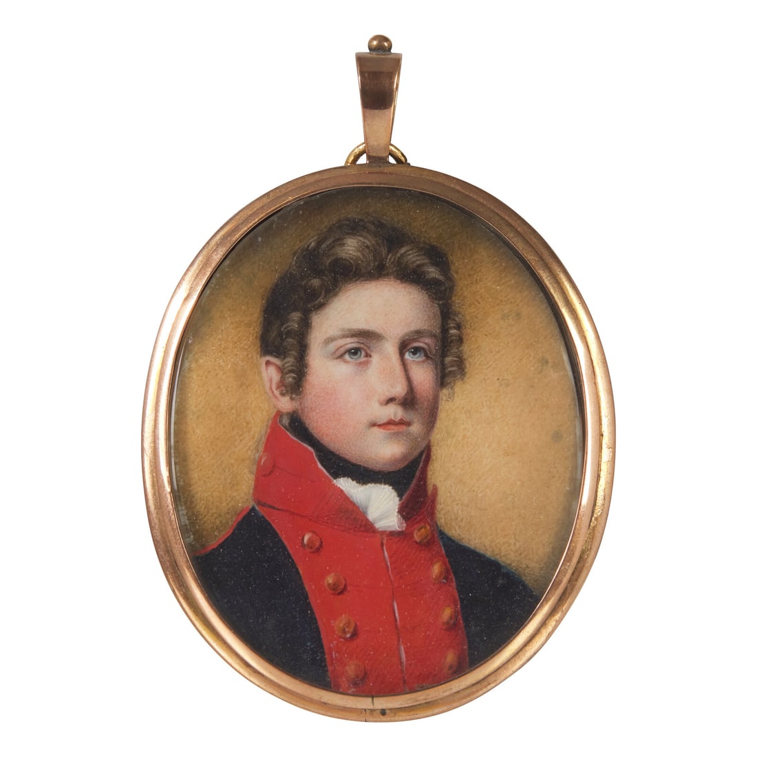 English School 19th Century, A Portrait Miniature of a Gentleman: English School 19th Century, A Portrait Miniature of a Gentleman the verso bearing rubbed and faint monogram and date, "JWT/...", watercolor, gilt pendant case. 2 3/8 x 1 7/8 inches (sight), 3 1/4 x 2