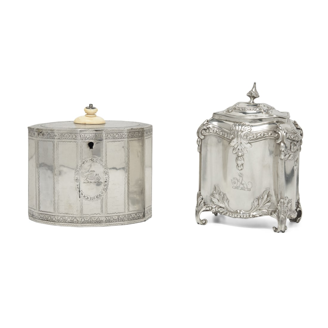 Two George III Sterling Silver Tea Caddies: Two George III Sterling Silver Tea Caddies Samuel White and Joseph Scammel, London, 1770 and 1788, Respectively the first, of Rococo form, the lid with finial, the body engraved with armorial crest in