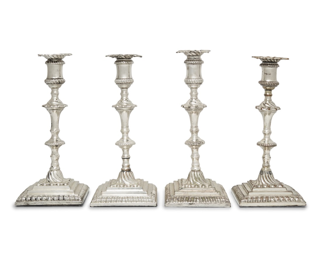 A Set of Four George III Weighted Sheffield Plate Candlesticks (1 of 2)