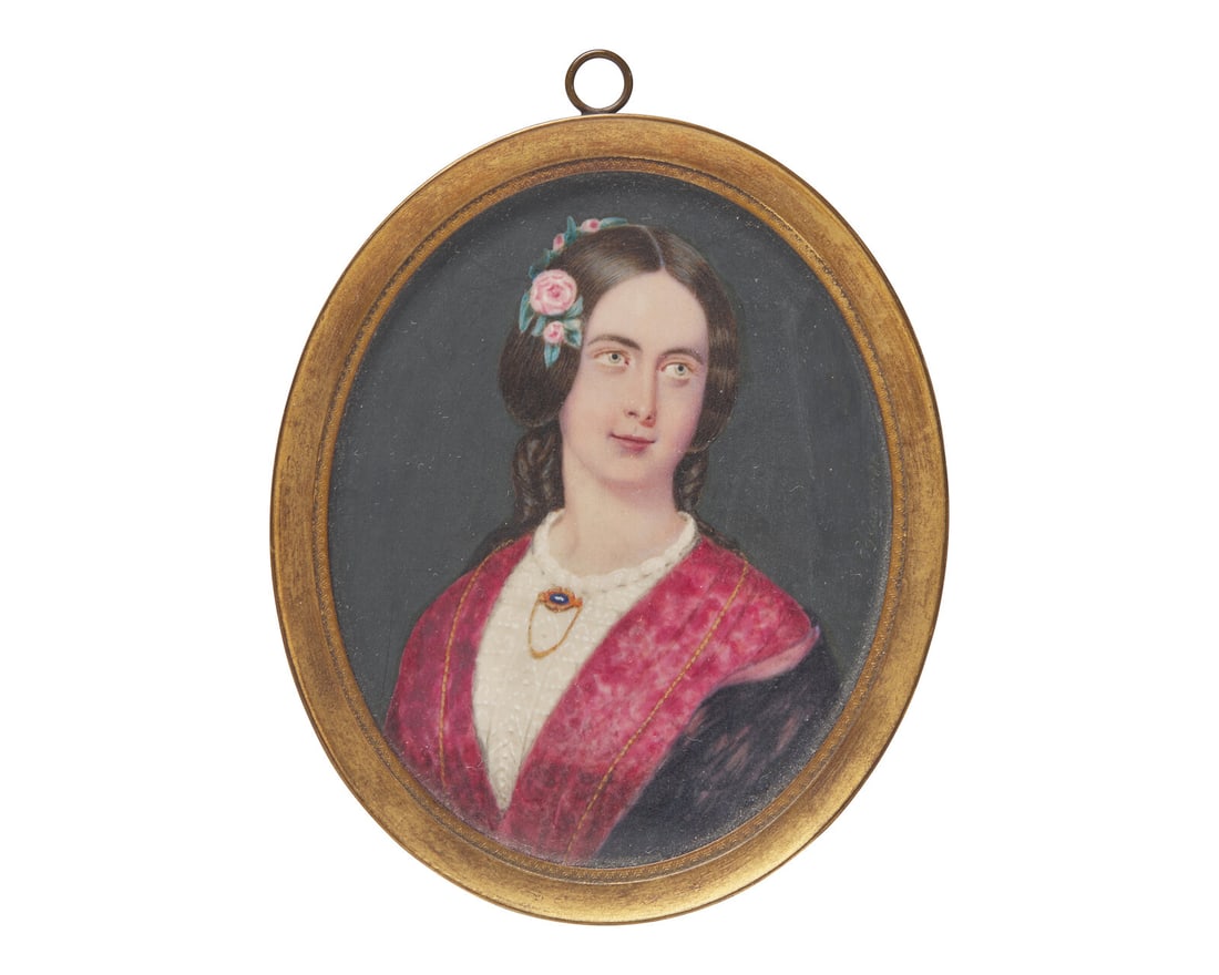 Attributed to William Egley (English, 1798-1870) A Portrait Miniature of a Lady in Red (1 of 2)