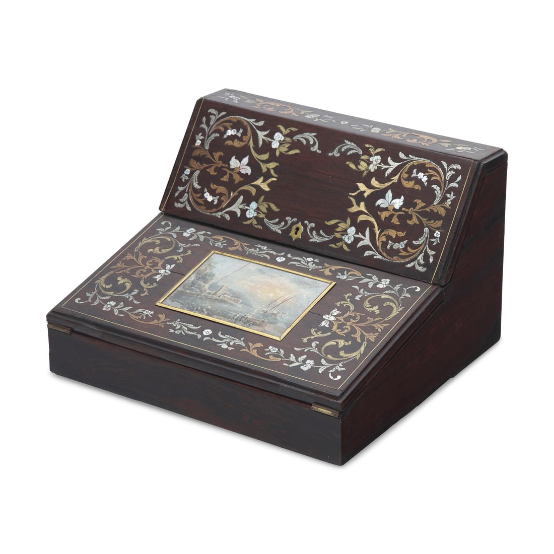 A Dutch Rosewood, Brass, Steel, and Mother-of Pearl Marquetry Lap Desk (1 of 2)