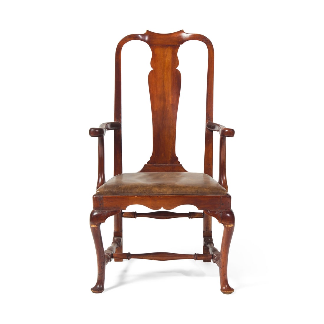 A Queen Anne Carved Maple Armchair: A Queen Anne Carved Maple Armchair Boston, Massachusetts, Circa 1730-1750 with yoked crest-rail over vasiform splat, curved armrests, slip seat over shaped apron, turned stretchers, on cabriole legs e