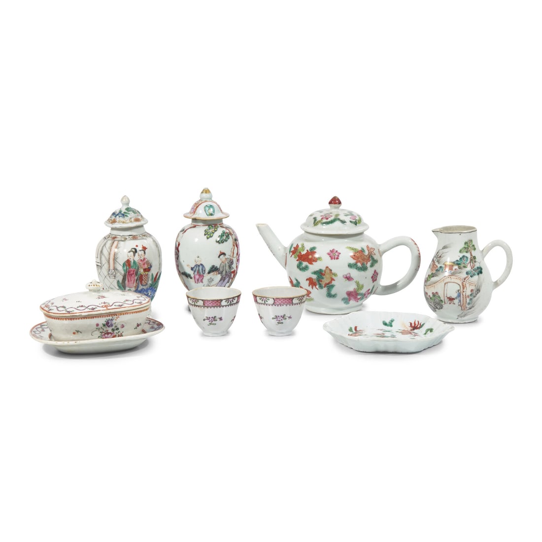 Eight Chinese Export Porcelain Famille Rose Tea and Table Wares