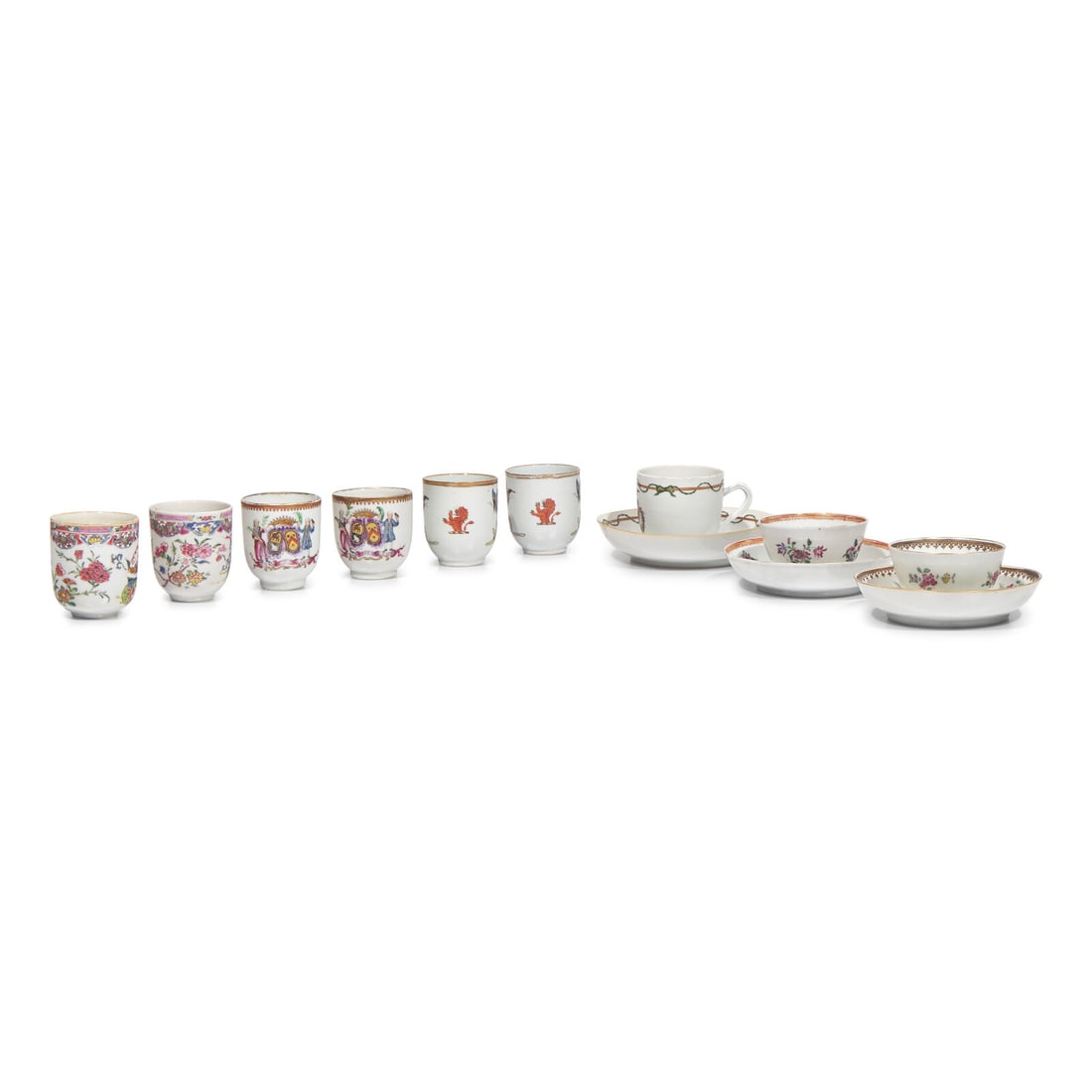 Twelve Chinese Export Armorial Porcelain and Famille Rose Tea and Coffee Cups and Saucers