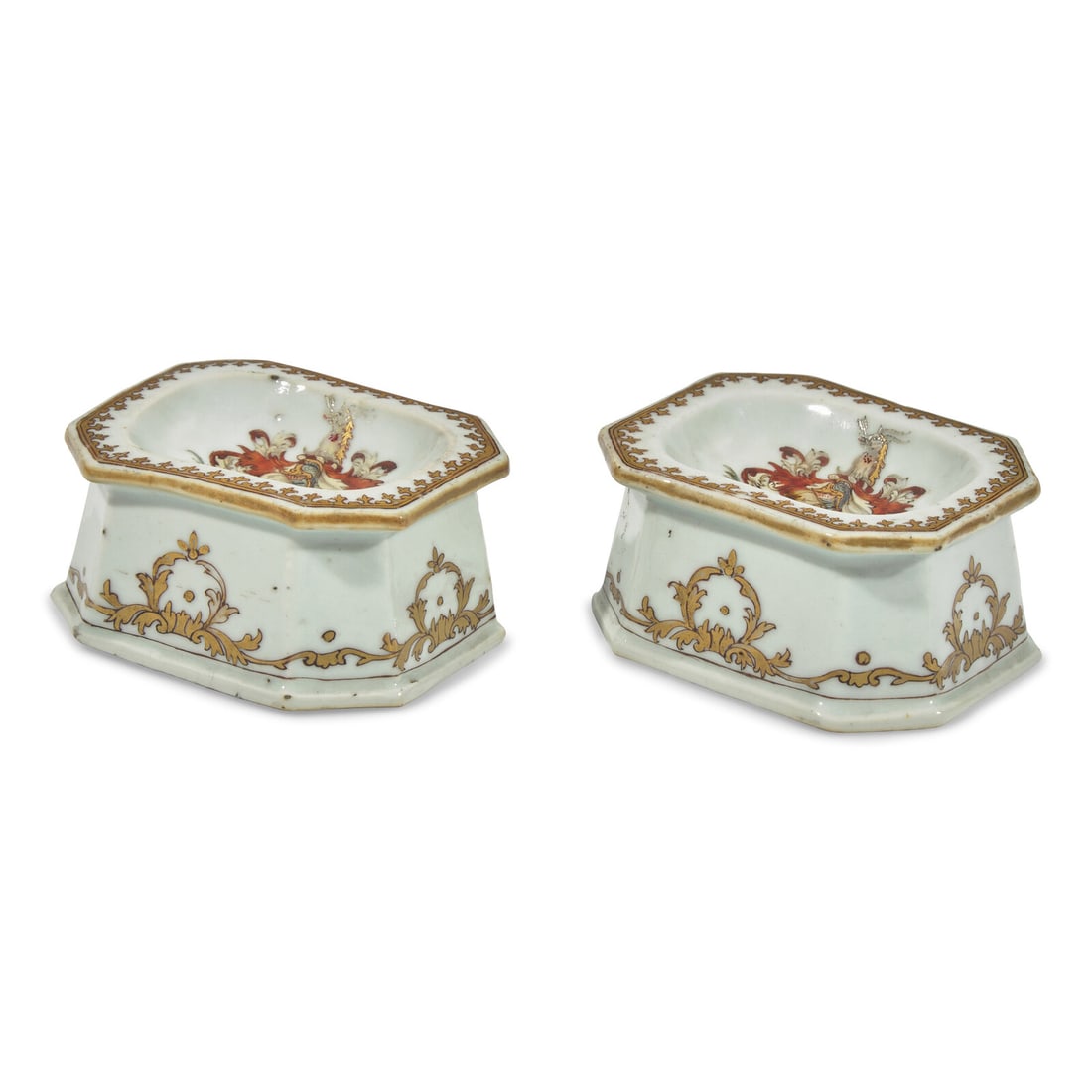 A Pair of Chinese Export Armorial Porcelain Salts: A Pair of Chinese Export Armorial Porcelain Salts 18th Century Height 1 1/2 x width 3 1/4 x depth 2 1/2 inches. Property from a Private Collection, New York, New York This lot is located in Philadelph