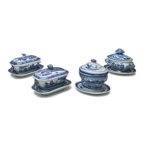 A Group of Four Chinese Export Porcelain Nanking Covered Sauce Tureens and Stands