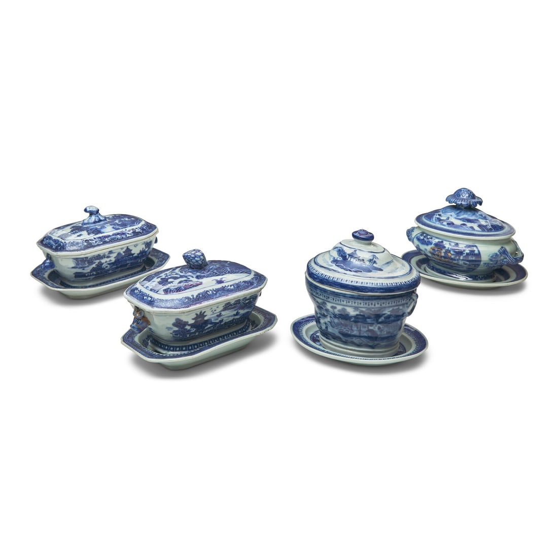 A Group of Four Chinese Export Porcelain Nanking Covered Sauce Tureens and Stands: A Group of Four Chinese Export Porcelain Nanking Covered Sauce Tureens and Stands Late 18th Century Height 6 x width 6 x depth 4 inches (tallest covered tureen). This lot is located in Philadelphia. P