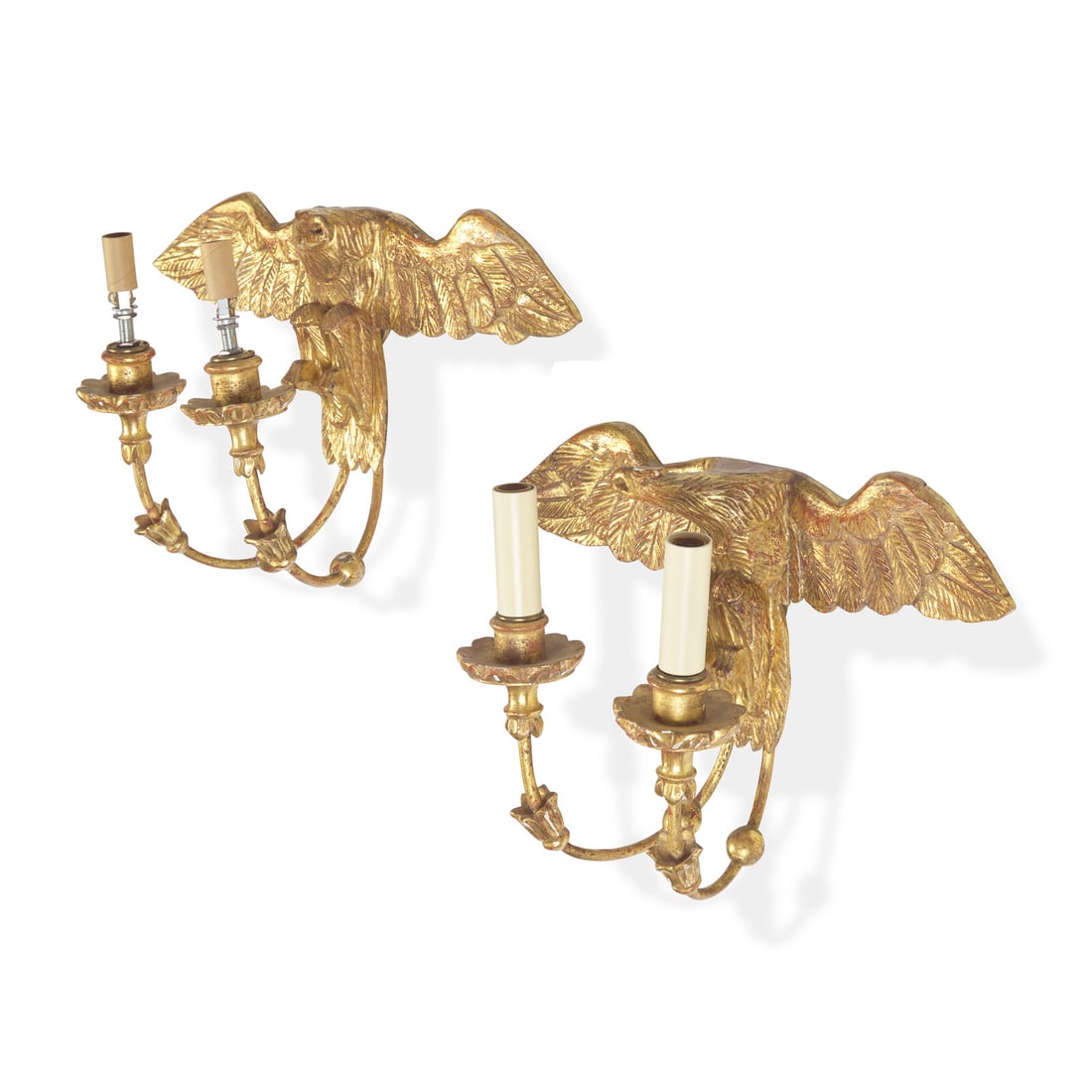 A Pair of Federal Style Giltwood Two-Light Eagle Wall-Lights: A Pair of Federal Style Giltwood Two-Light Eagle Wall-Lights 20th Century Height 10 1/2 x width 16 x depth 7 inches. Property from the Wetherill Family Collection, Main Line, Philadelphia and Châ