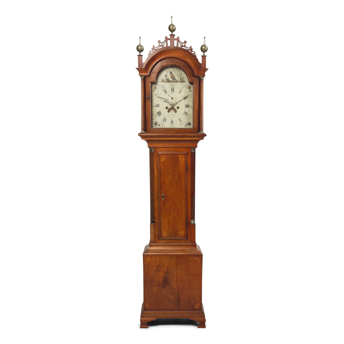 A Federal Inlaid Mahogany Tall Case Clock: A Federal Inlaid Mahogany Tall Case Clock Works by Elnathan Taber (1786-1854), Roxbury, Massachusetts, Circa 1800 of the domed hood with arched pediment, surmounted by fretwork and three wood uprights