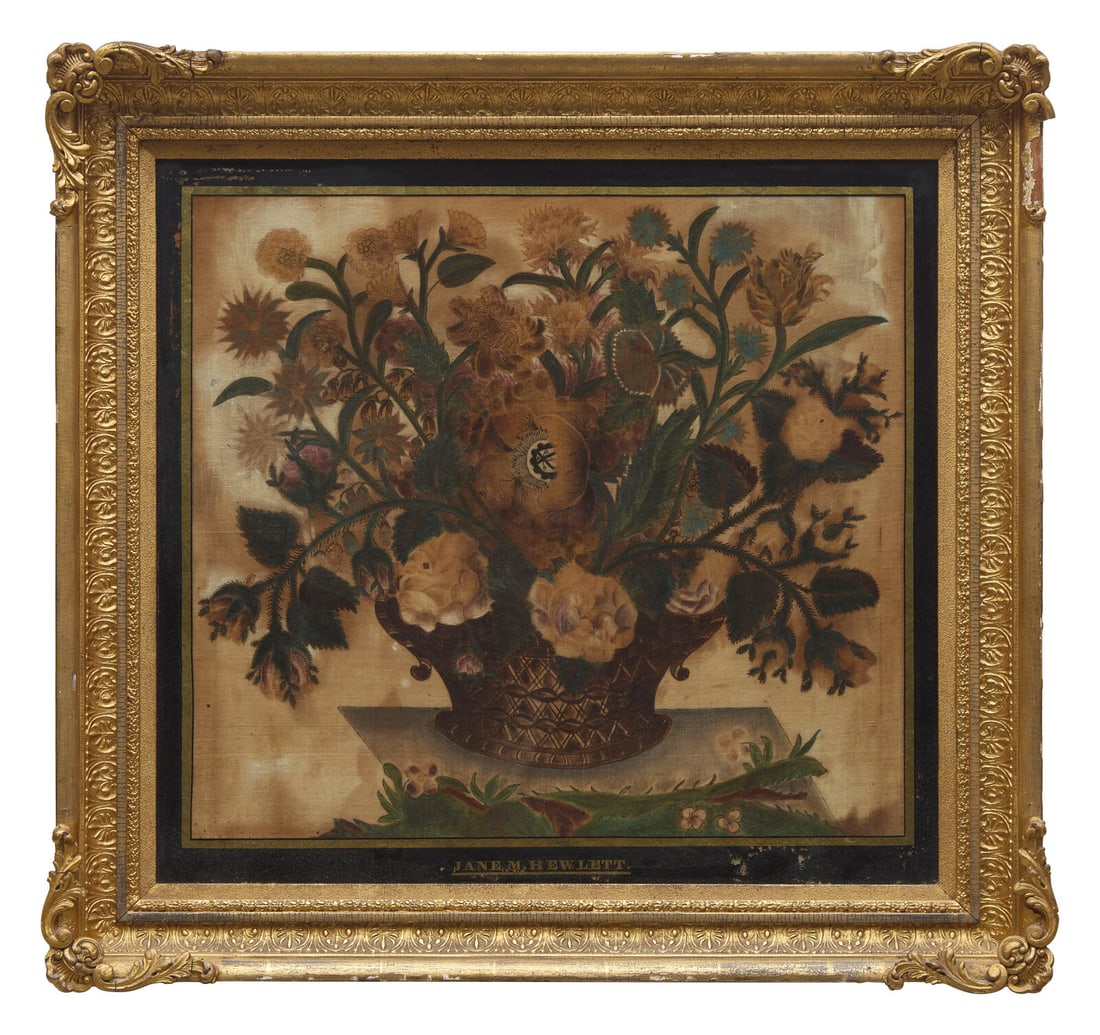 A Theorem Depicting a Basket with Flowers: A Theorem Depicting a Basket with Flowers By Jane M. Hewlett, Early 19th Century the mat signed, "Jane. M. Hewlett.", oil on velvet, eglomise mat, framed. 19 x 21 inches (sight), 27 x 29 inches (frame