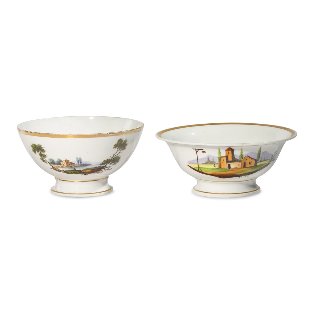 Two Classical Painted and Gilt-Decorated Porcelain Footed Bowls: Two Classical Painted and Gilt-Decorated Porcelain Footed Bowls Tucker And Hemphill China Factory (Active 1826-1838), Philadelphia, Pennsylvania, Circa 1830 each decorated with pastoral European lands