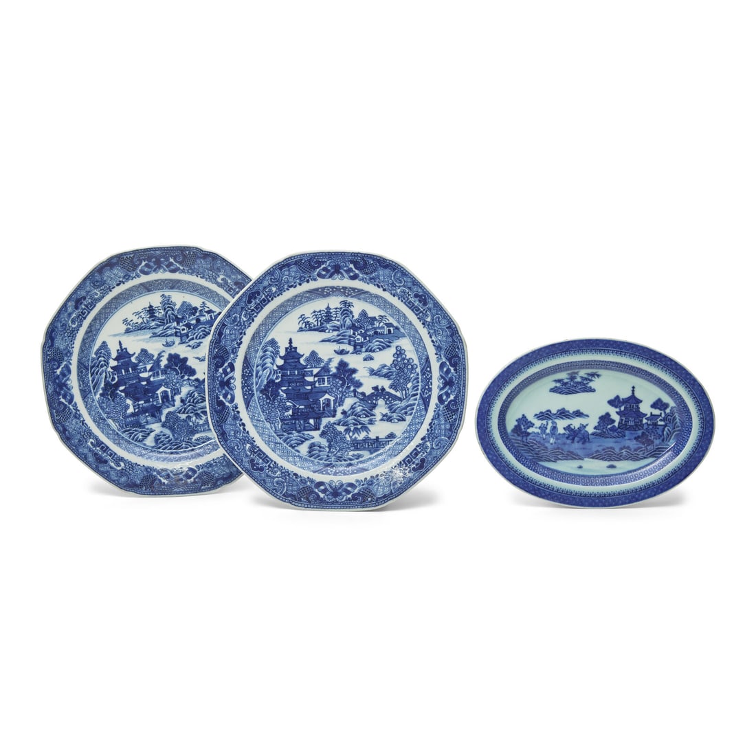 Three Chinese Export Porcelain Nanking Dishes: Three Chinese Export Porcelain Nanking Dishes Late 18th Century comprising a pair of octagonal plates and a small oval dish. Diameter 9 1/2 inches (pair of plates). This lot is located in Philadelphia