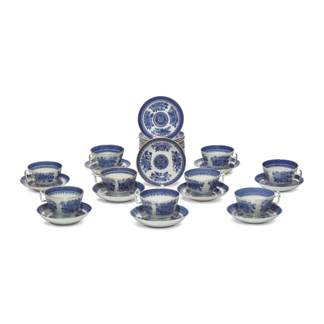 A Collection of Forty-Two Chinese Export Porcelain Fitzhugh Teacups and Saucers: A Collection of Forty-Two Chinese Export Porcelain Fitzhugh Teacups and Saucers Circa 1800 comprising nine teacups and thirty-three saucers. Height 2 3/4 x diameter 4 3/8 inches (teacups). This lot is