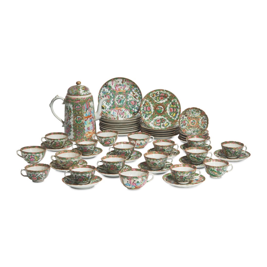 An Assembled Group of Chinese Export Porcelain Rose Medallion Tablewares: An Assembled Group of Chinese Export Porcelain Rose Medallion Tablewares 19th Century comprising a coffeepot, nine salad plates, six bread plates, seventeen saucers, and eighteen tea or coffee cups. (