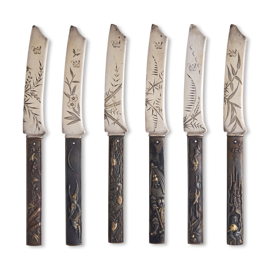 A Set of Six Sterling Silver and Mixed Metal "Japonesque" Fruit Knives (1 of 2)