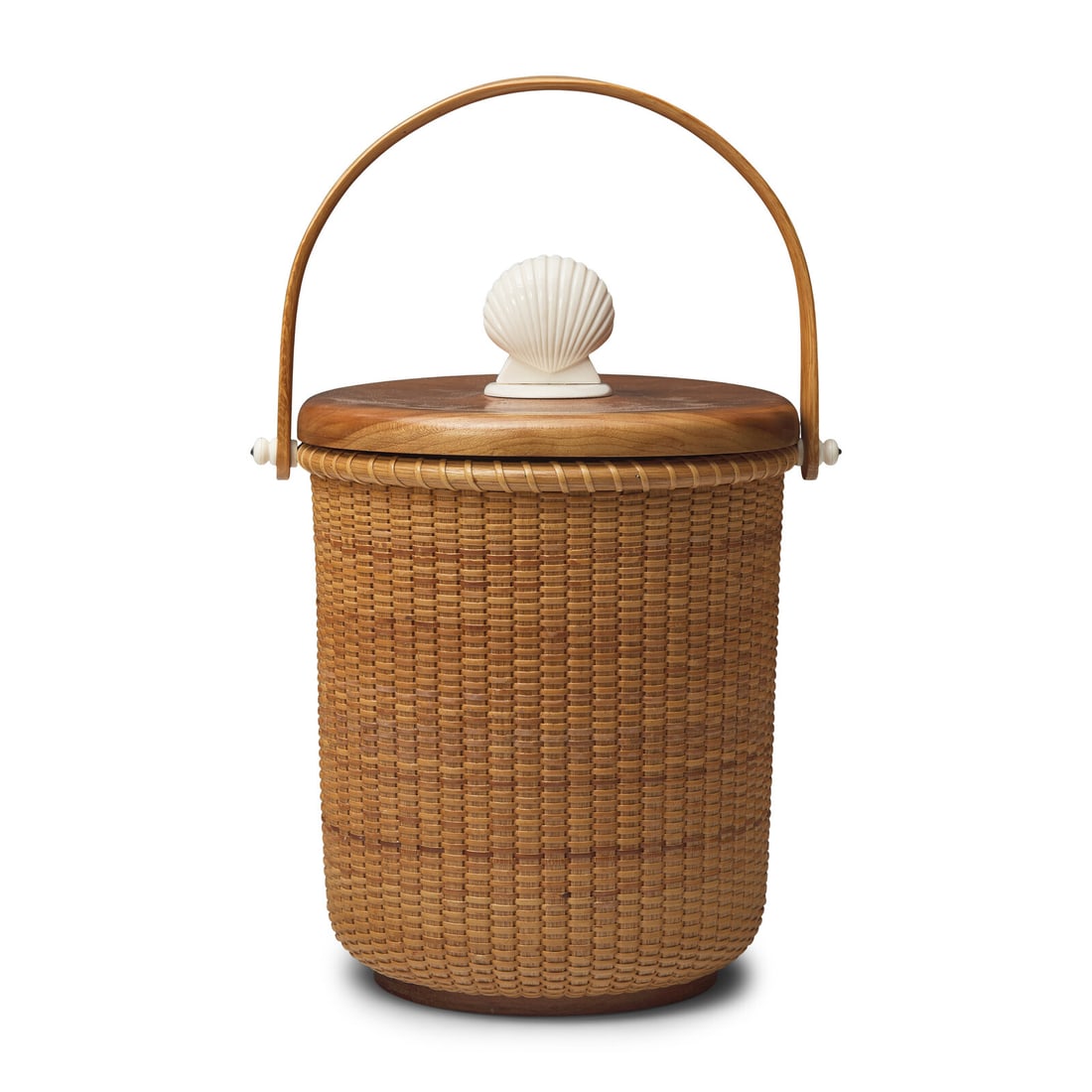 A Nantucket Lightship Lidded Basket: A Nantucket Lightship Lidded Basket Bobby and Karen Marks, Osterville, Massachusetts, Contemporary the lid with scrimshaw scallop shell finial, the underside of body incised, "B&K Marks/ 573". Hei