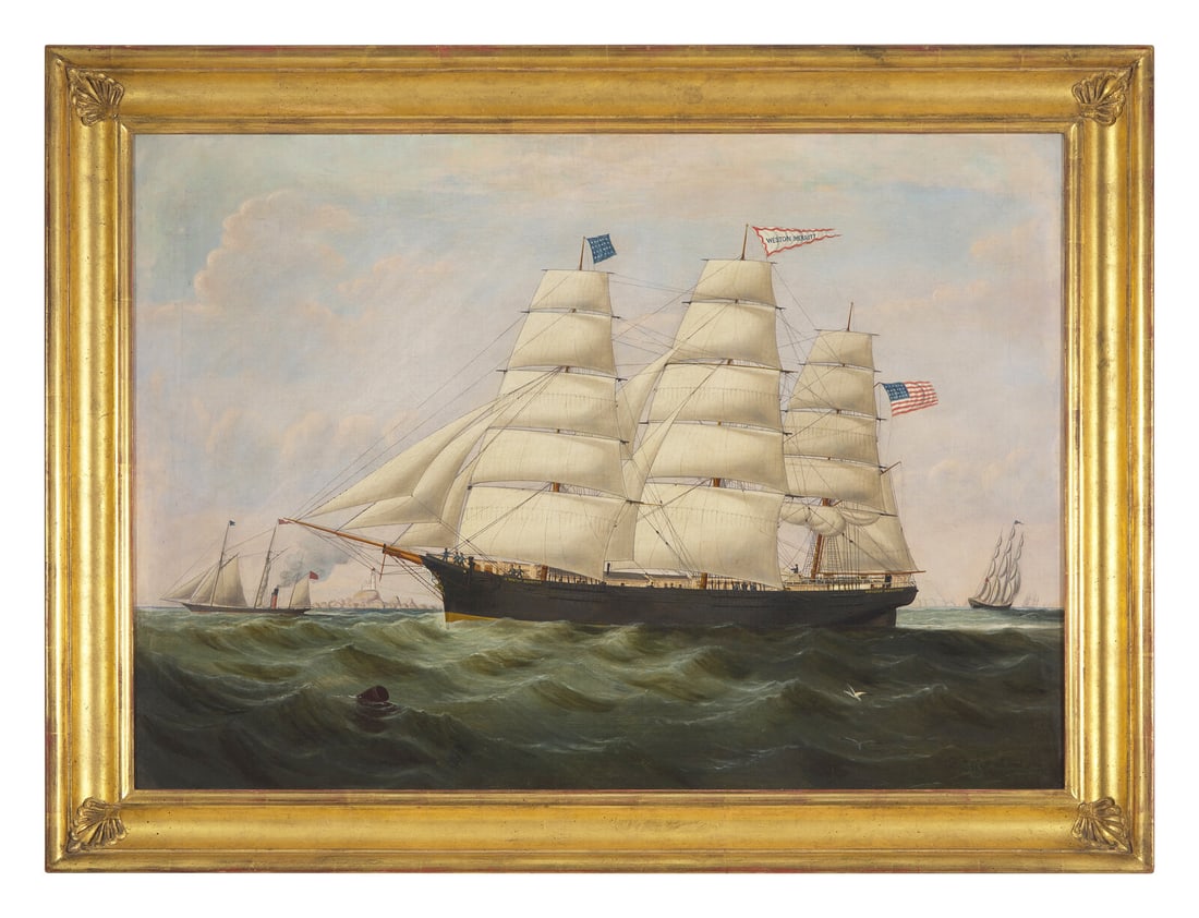 William Howard Yorke (English, 1847-1921), A Portrait of the Ship "Weston Merritt": William Howard Yorke (English, 1847-1921), A Portrait of the Ship "Weston Merritt" Dated, "1911" signed and dated, "Wm...Yorke/ Lpool June 10 '11", oil on canvas, framed. 25 x 35 1/2 inches (sight), 3