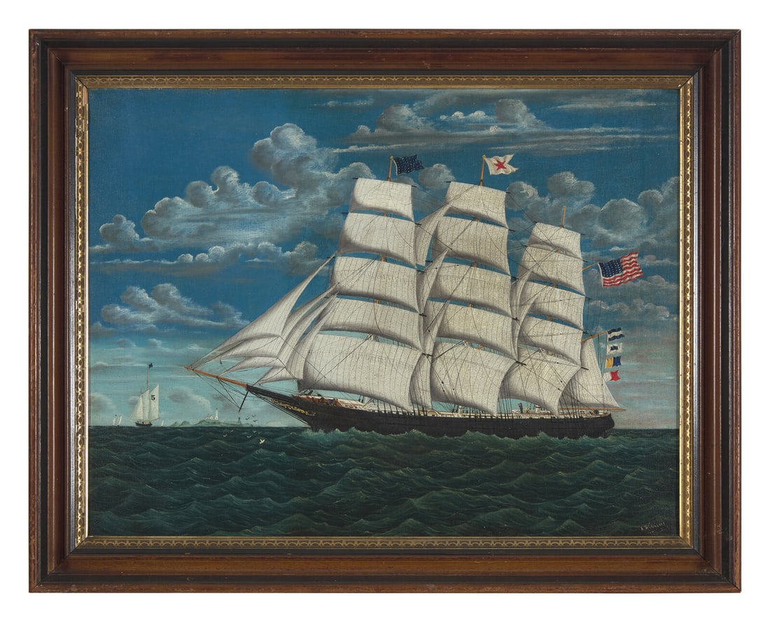 American School 19th Century, A Ship Flying American Flag: American School 19th Century, A Ship Flying American Flag signed, "A Williams", l.r., oil on canvas, framed. 21 1/4 x 28 inches (sight), 26 x 33 inches (frame). Property from a Duxbury, Massachusetts