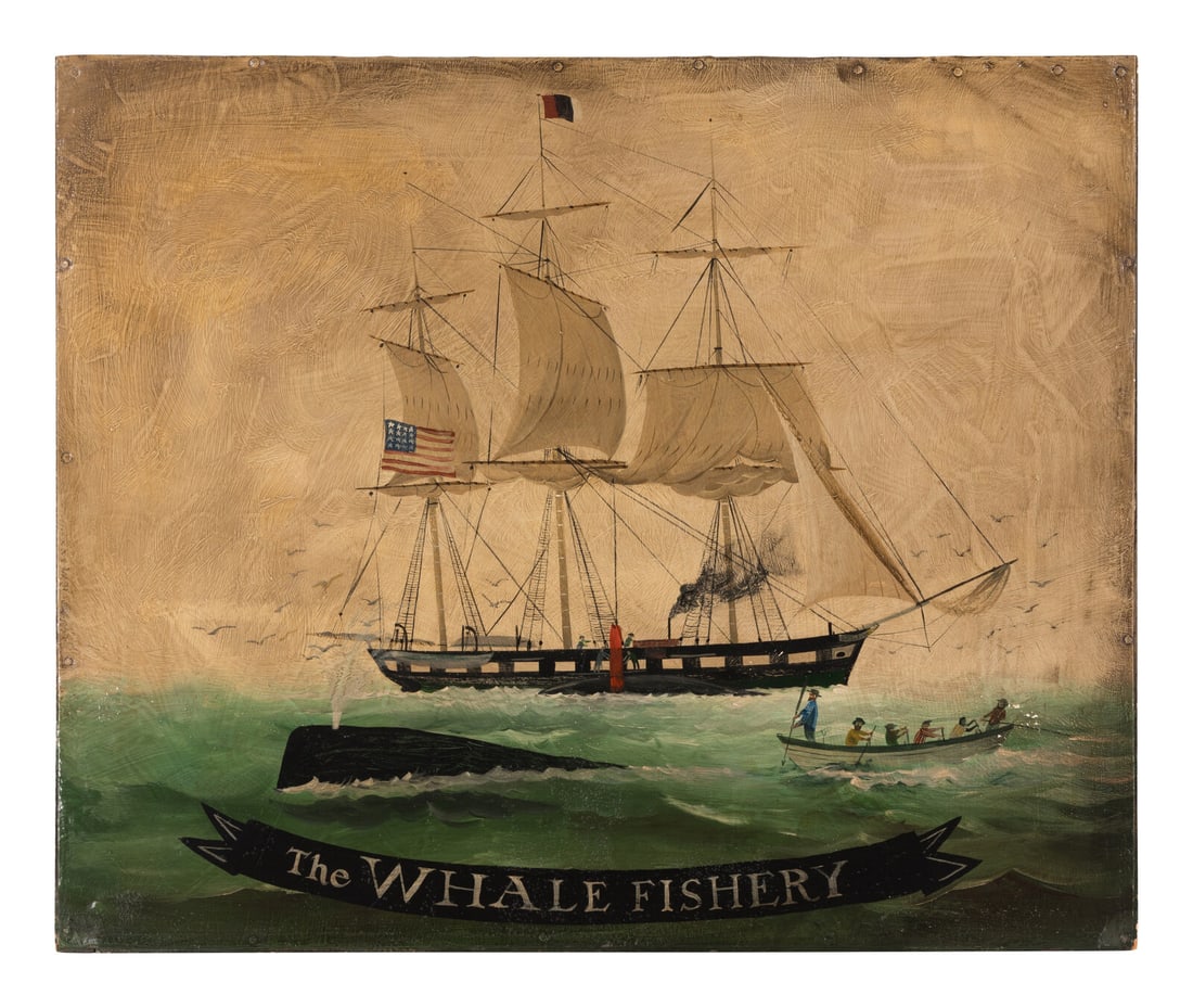 American School 19th Century, The Whale Fishery: American School 19th Century, The Whale Fishery oil on tin, the verso inscribed, "F.J. Haese/ Forest Jet/ Wis," also with label inscribed, "Whaling Ship on Tin C. 1890./ Bought Rockton, Ill. Martha Lu