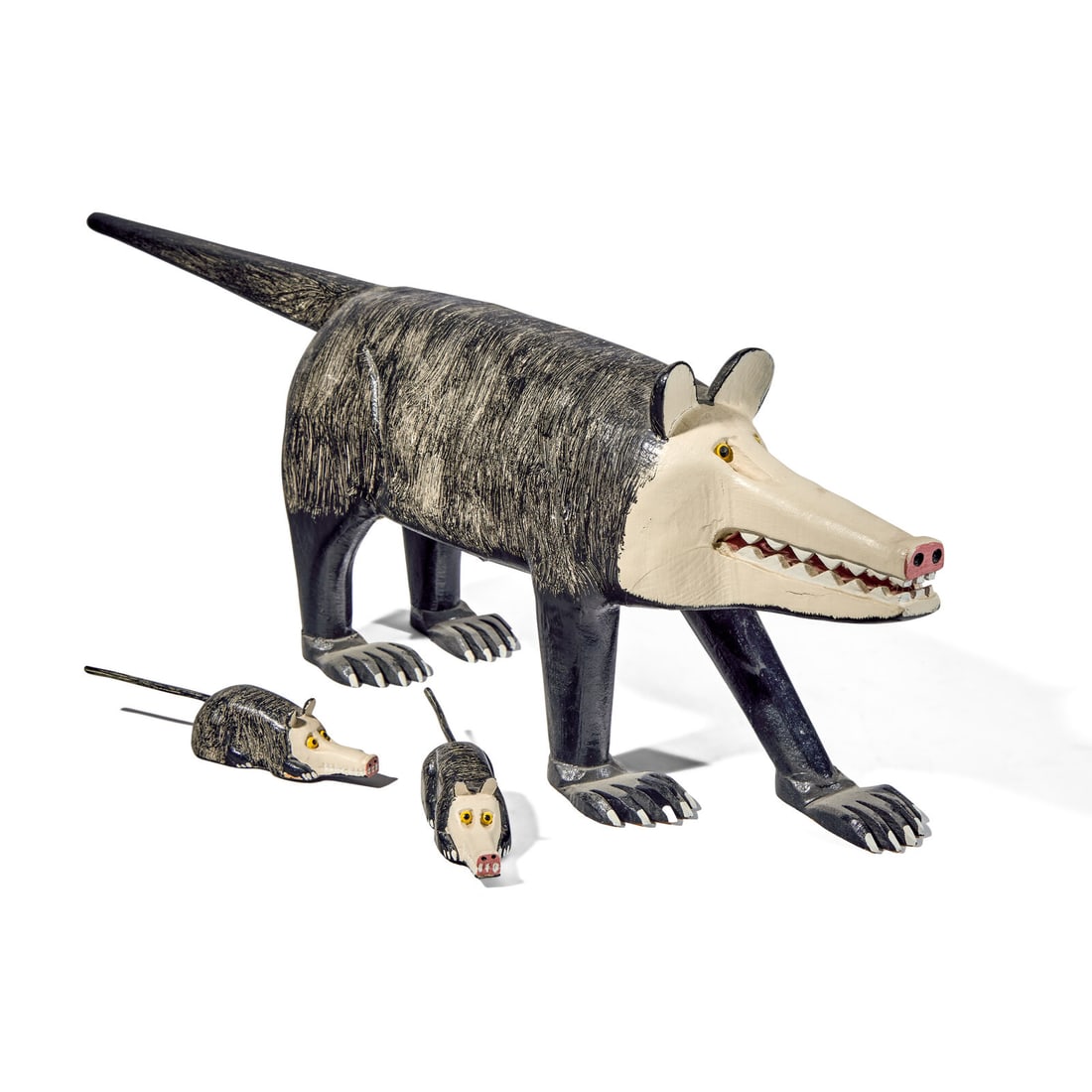 Lonnie & Twyla Money, A Three-Part Carved and Painted Wood Figure: Opossum Mother with Two Babies: Lonnie & Twyla Money, A Three-Part Carved and Painted Wood Figure: Opossum Mother with Two Babies Laurel County, Kentucky, Dated, "1995" each piece signed to underside, the underside of mother