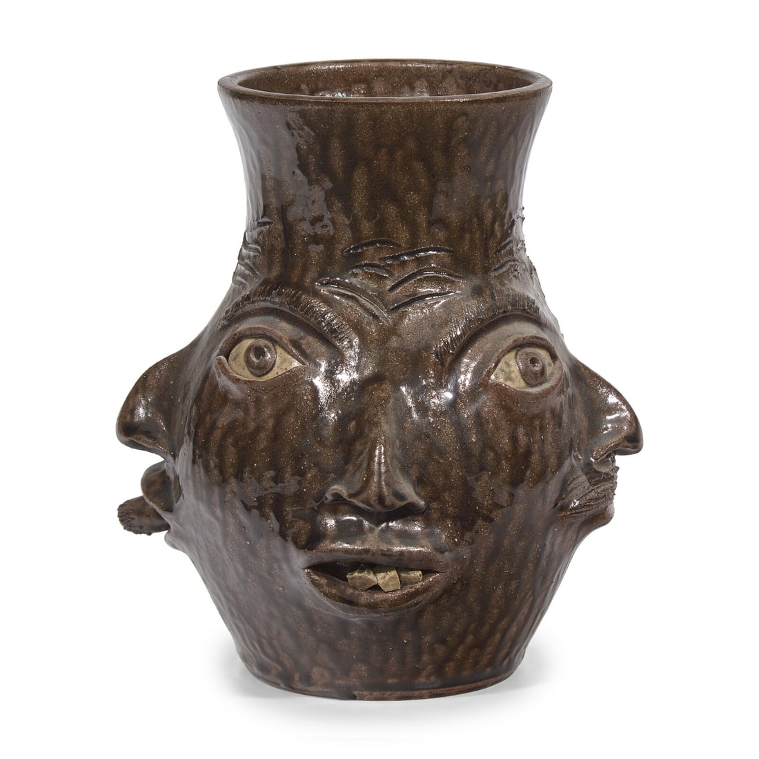 Charlie West, A Glazed Stoneware Work: Four-Sided Face Jug: Charlie West, A Glazed Stoneware Work: Four-Sided Face Jug Gillsville, Georgia, Late 20th Century signed to underside. Height 9 3/8 x diameter 9 inches (overall). Property from an Atlanta