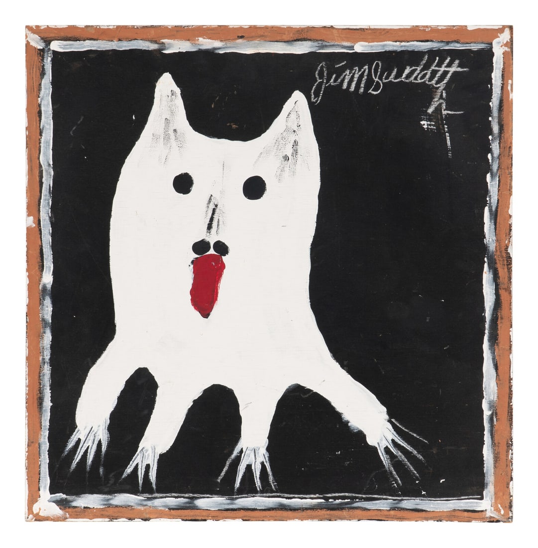 Jimmy Lee Sudduth (1910-2007), White Dog: Jimmy Lee Sudduth (1910-2007), White Dog Fayette, Alabama signed in chalk, "Jim Suddath", u.r., acrylic on plywood board, unframed. 24 x 23 3/4 inches. Property from an Atlanta Collection This lot