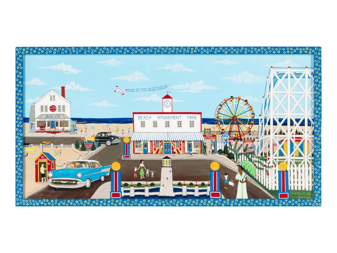 Carolyn Lloyd Swain, Beach Amusement Park: Carolyn Lloyd Swain, Beach Amusement Park Dated, "1996" signed and dated, "Carolyn Lloyd Swain 96", l.r., acrylic on canvas, framed. 14 1/2 x 29 1/2 inches (sight), 16 x 31 inches (frame). 