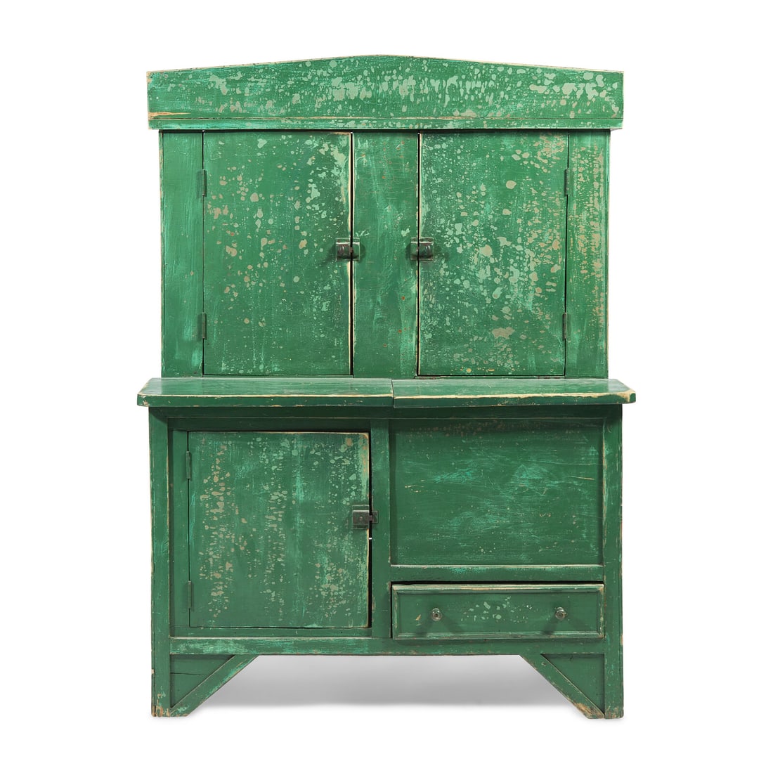 A Green-Painted Stepback Cupboard: A Green-Painted Stepback Cupboard North Carolina, 19th Century in one piece, with arched pediment, over two doors revealing storage shelves, over a divided lower half composed of pie safe and grain