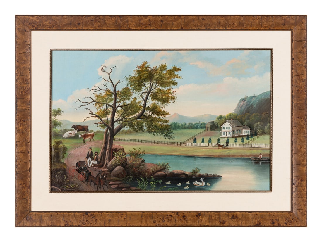 American School 19th / 20th Century, Valley Farm Landscape With House: American School 19th / 20th Century, Valley Farm Landscape With House oil on panel, matted and framed. 18 1/4 x 28 1/2 inches (sight), 27 1/2 x 38 inches (frame). This lot is located in Philadelphia.