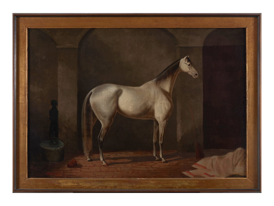 Theodore Marsden (active 1860-1890), White Stallion in Stable: Theodore Marsden (active 1860-1890), White Stallion in Stable oil on canvas, signed, "Marsden," framed. 24 1/2 x 35 3/4 inches (sight), 29 3/4 x 41 inches (frame). This lot is located in Philadelphia.