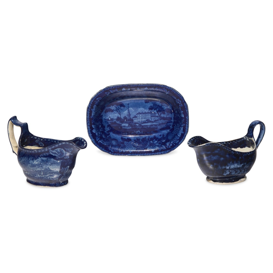 Two Staffordshire Historical Blue Sauce Boats and a Tureen Undertray (1 of 3)