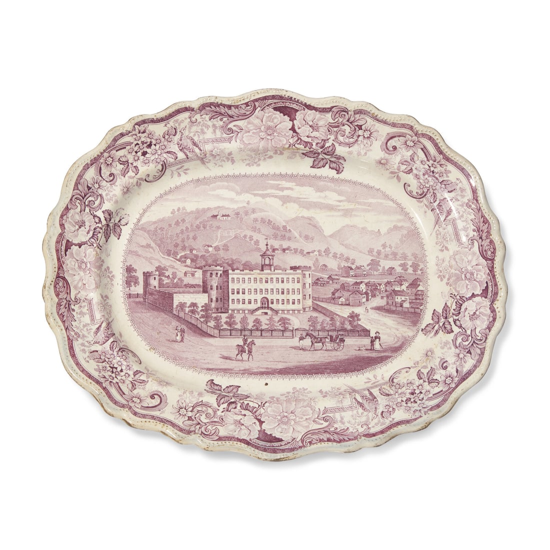 A Staffordshire Historical Mulberry Transfer-Decorated Platter Depicting the Penitentiary in: A Staffordshire Historical Mulberry Transfer-Decorated Platter Depicting the Penitentiary in Allegheny Near Pittsburgh, Pennsylvania Ralph & James Clews, Cobridge, England, 1814-1834 marked to und