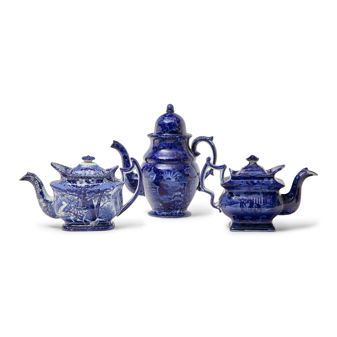 Two Staffordshire Historical Blue Teapots and a Coffeepot: Two Staffordshire Historical Blue Teapots and a Coffeepot Various Makers, Circa 1825 Comprising a "Lafayette at Franklin's Tomb" coffeepot, attributed to Enoch Wood & Sons, Burslem, England, appar
