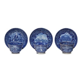 Three Staffordshire Historical Blue Tea Bowls and Saucers